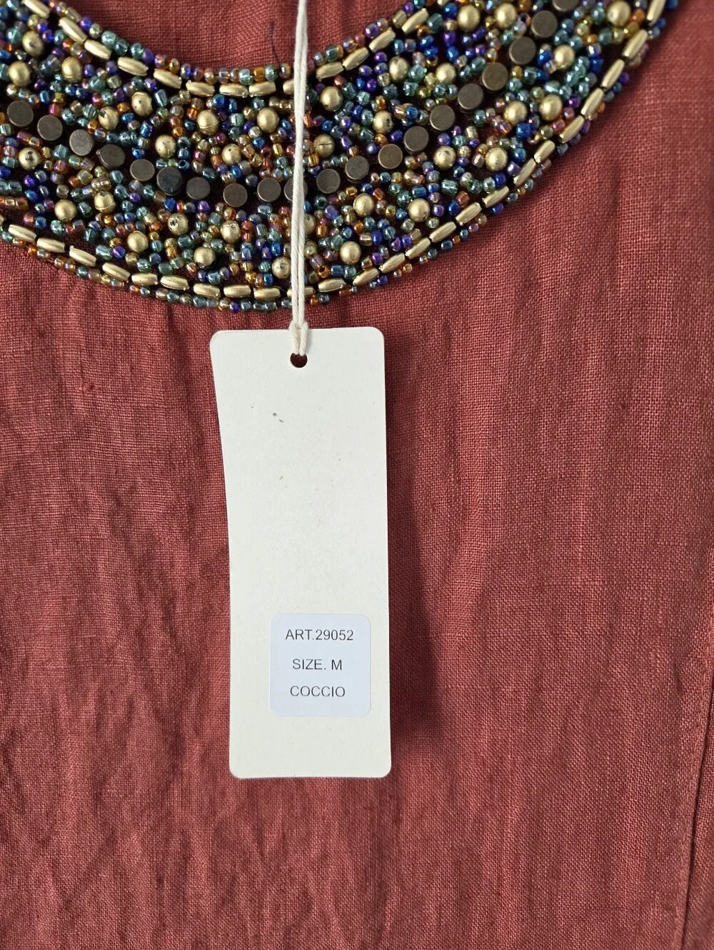 NWT Lina Tomei Linen Coccio Dress, Sz M. Rust, Burnt Orange With Beading - Picture 5 of 10